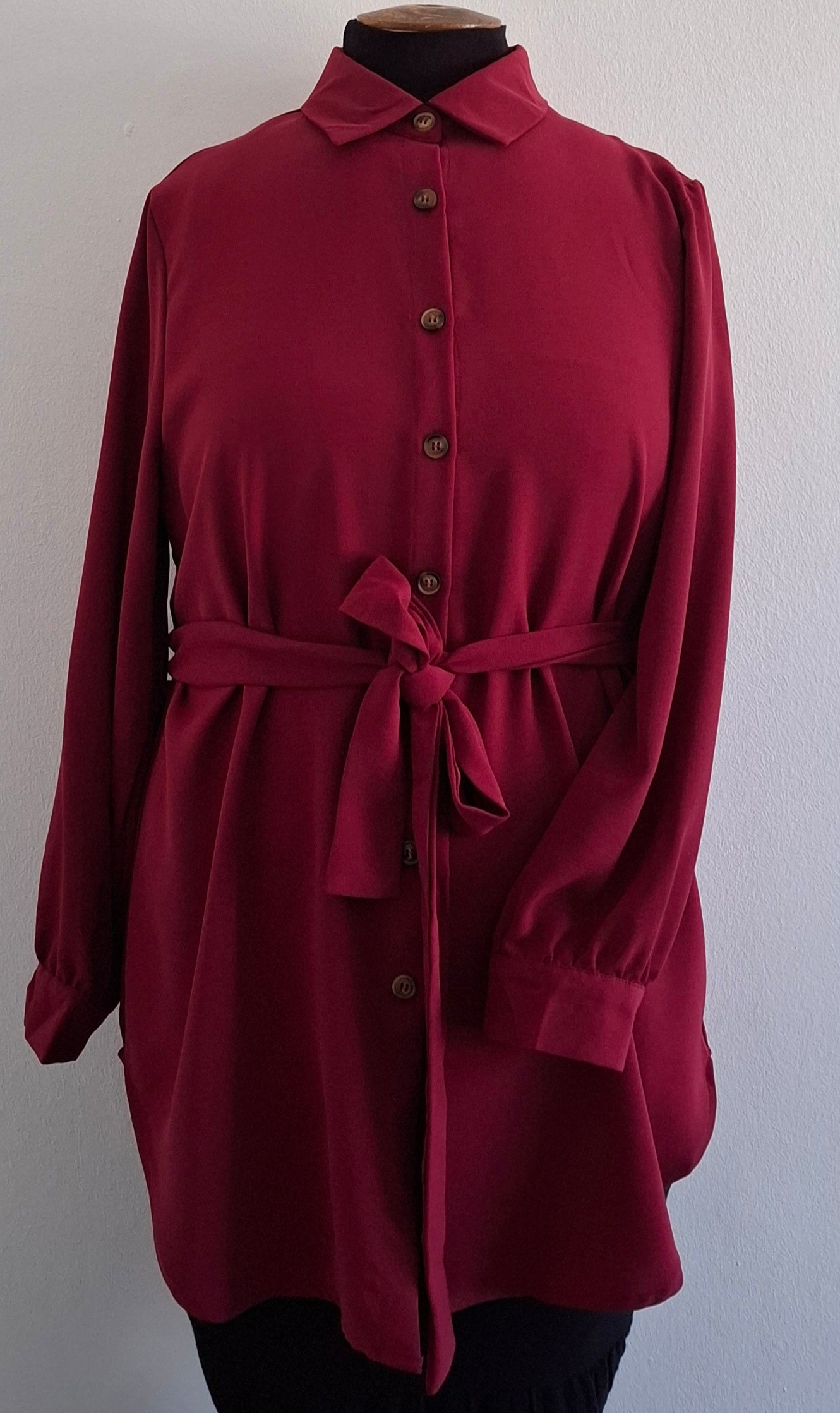 Crimson long sleeve belted shirt
